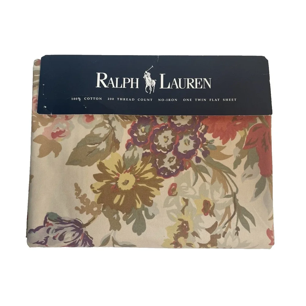 New Vintage Ralph Lauren Kirsten TWIN Flat Bed Sheet Beige Floral New Old Stock